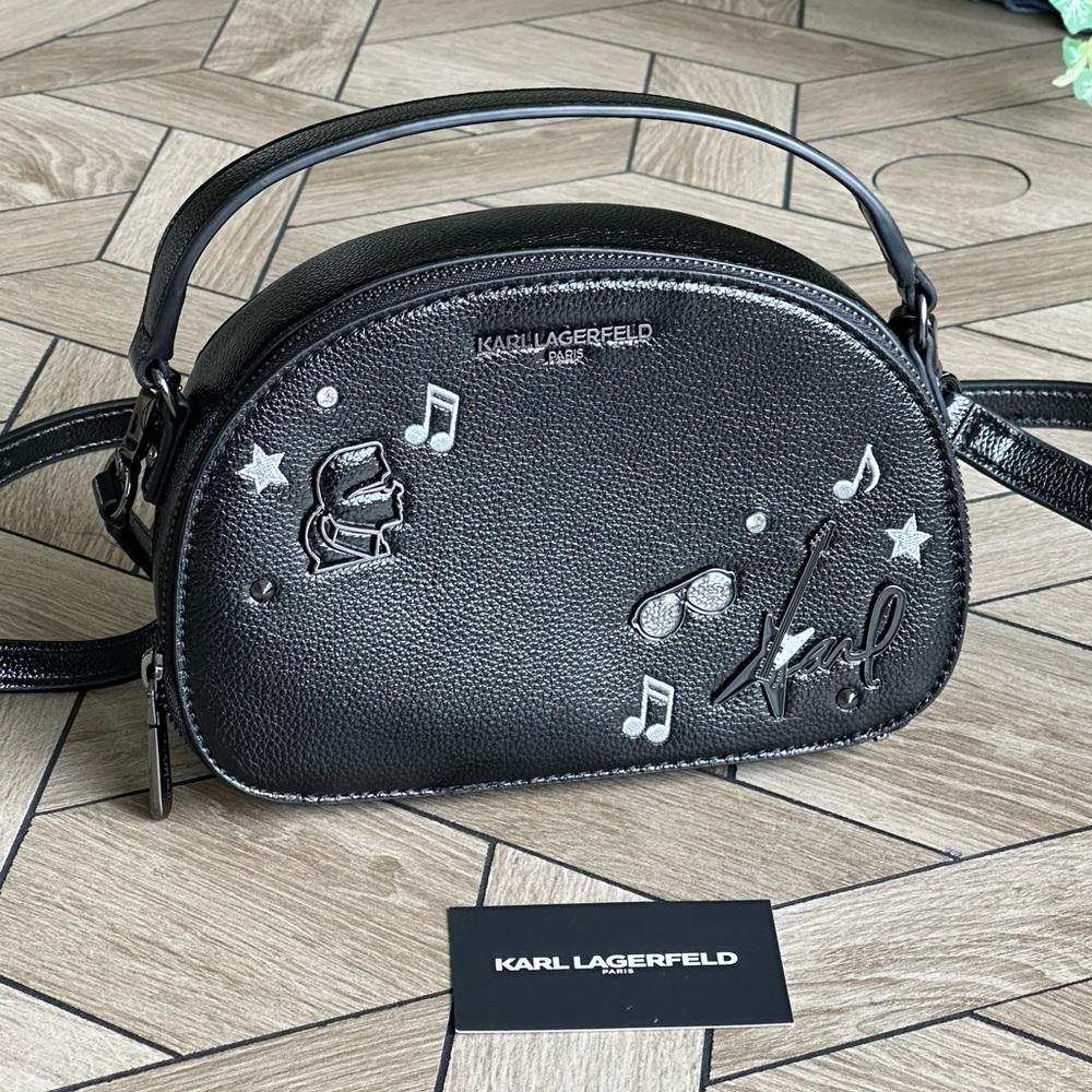 Karl Lagerfeld Textured Black Leather Crossbody Bag - Picture 3 of 12